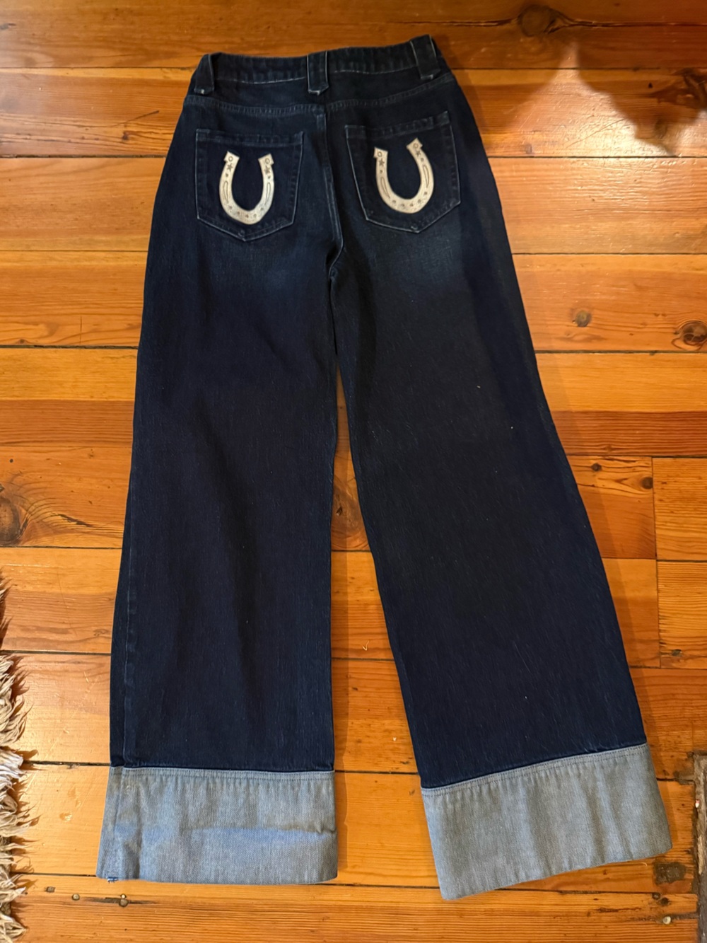 Wide Leg Dark Wash Jeans with Horseshoe Pocket Accent